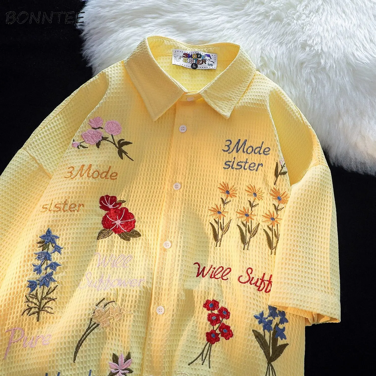 Summer Holiday Clothing Women - Waffle Floral Embroidery Shirts Women Loose