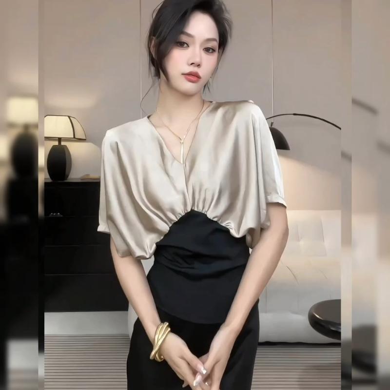 Summer Clothing Trends For Women - V Neck Contrast Patchwork Pleated Elegant