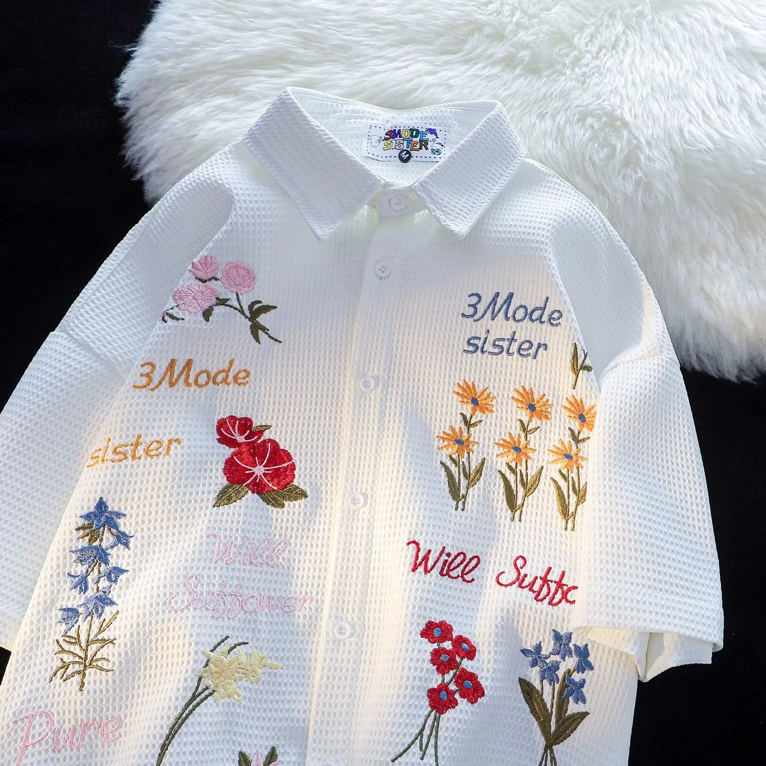 Waffle Floral Embroidery Shirt - Summer Holiday Clothing Women ulasan dan harga
