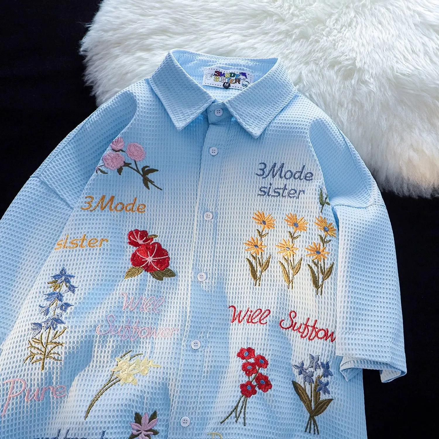 Waffle Floral Embroidery Shirt - Summer Holiday Clothing Women ulasan dan harga