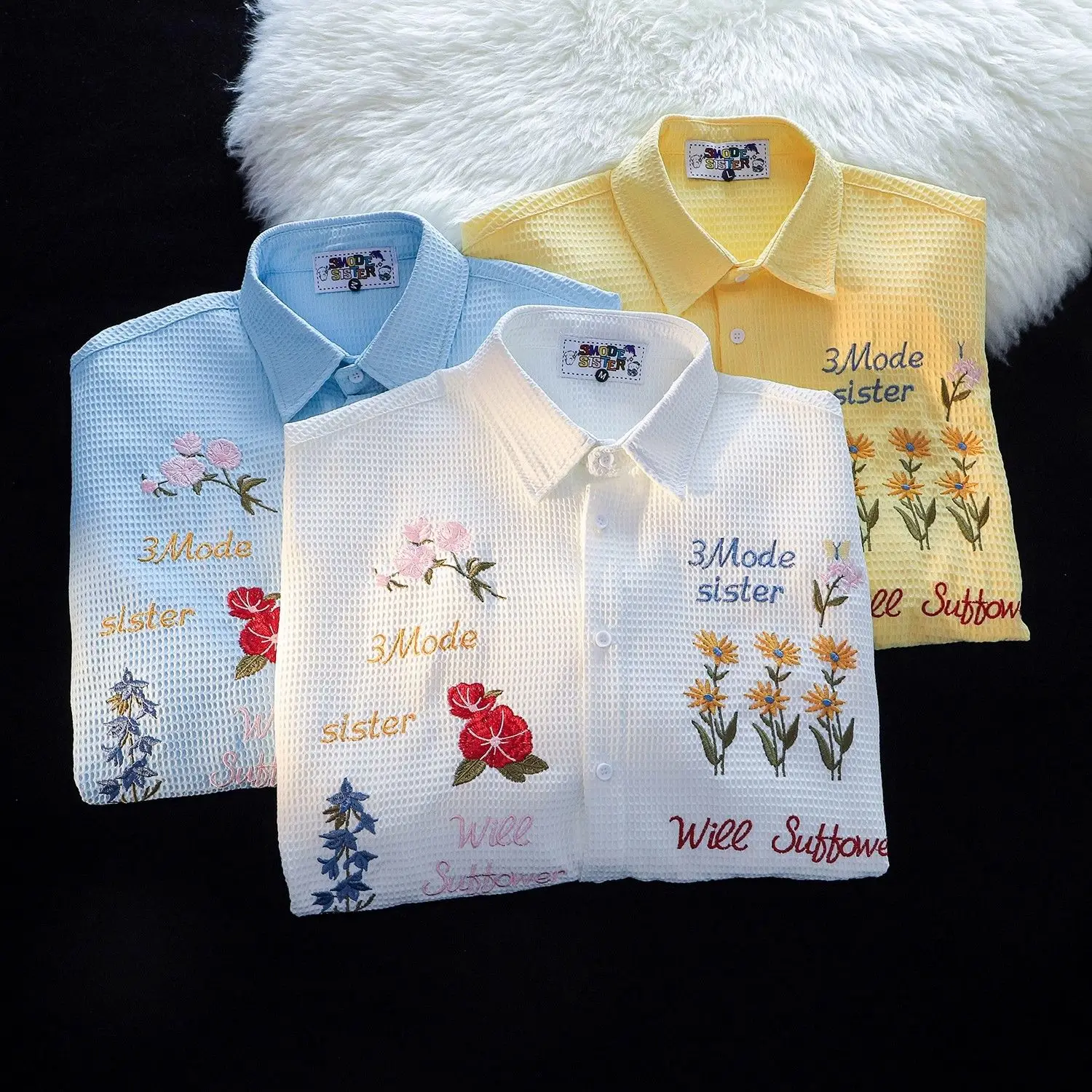 Waffle Floral Embroidery Shirt - Summer Holiday Clothing Women ulasan dan harga