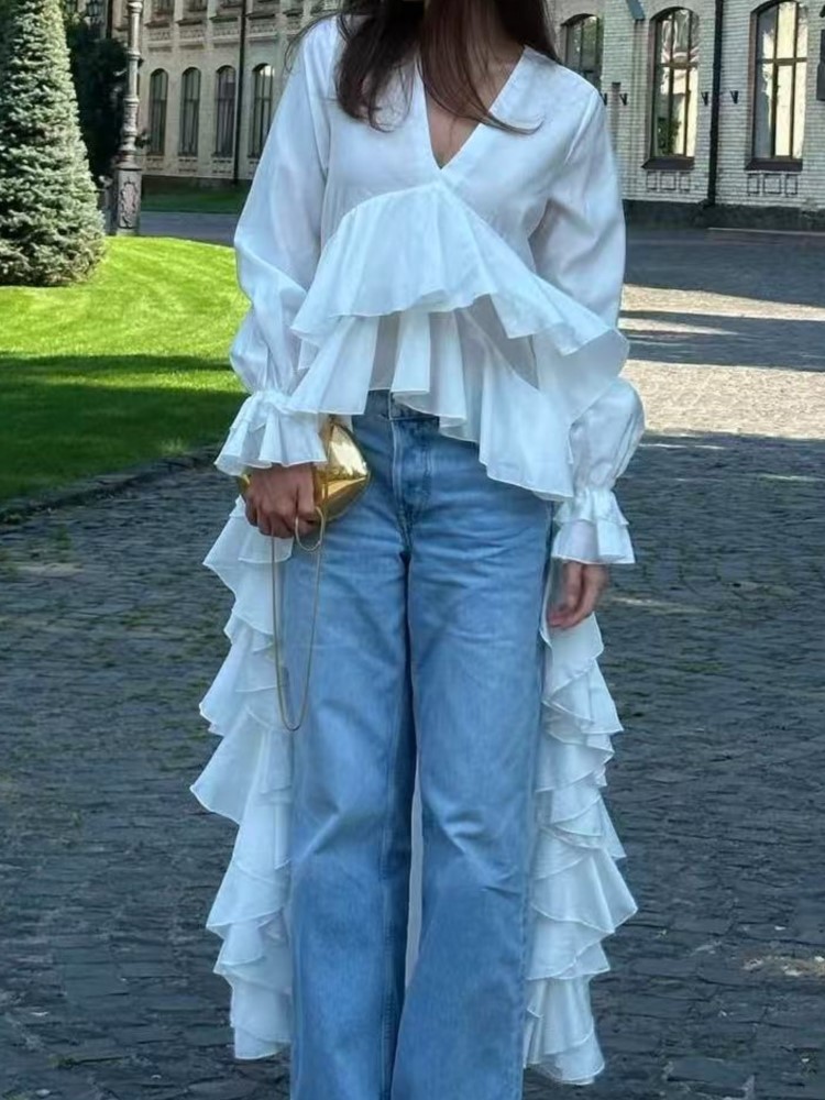 Fashion Ruffles Long Shirt Top - Summer Holiday Clothing Women ulasan dan harga