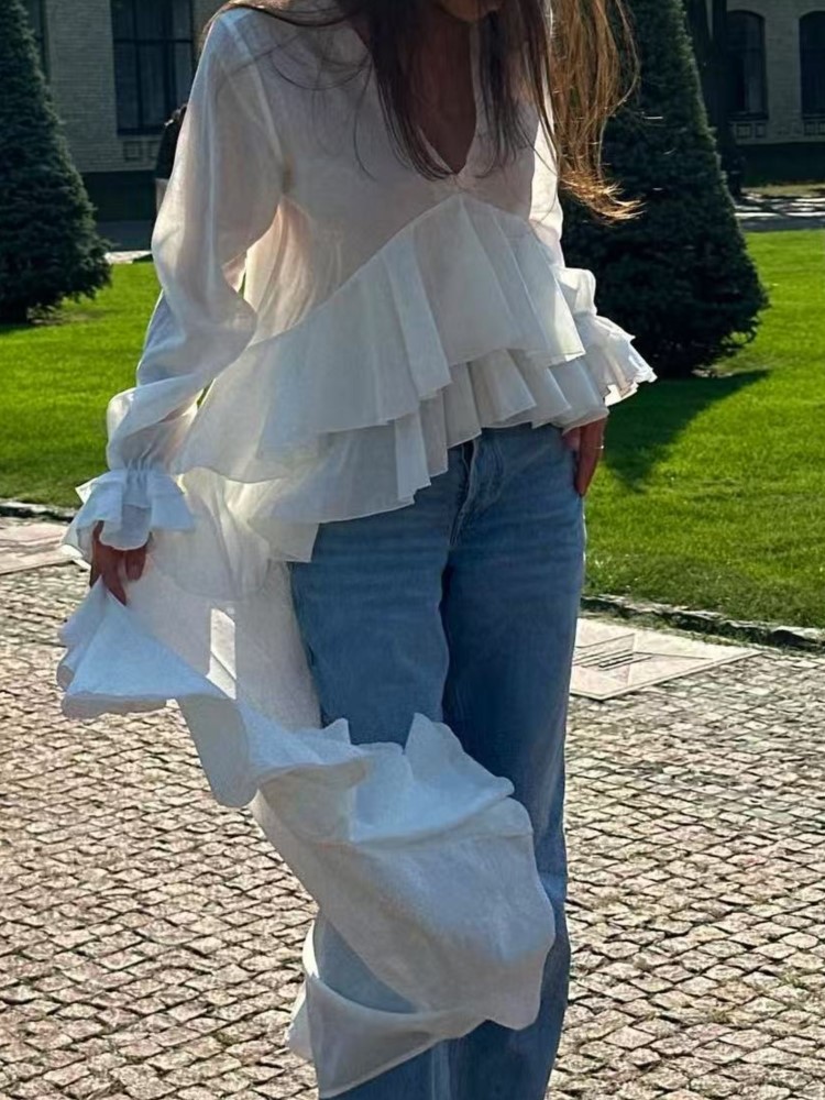 Fashion Ruffles Long Shirt Top - Summer Holiday Clothing Women ulasan dan harga