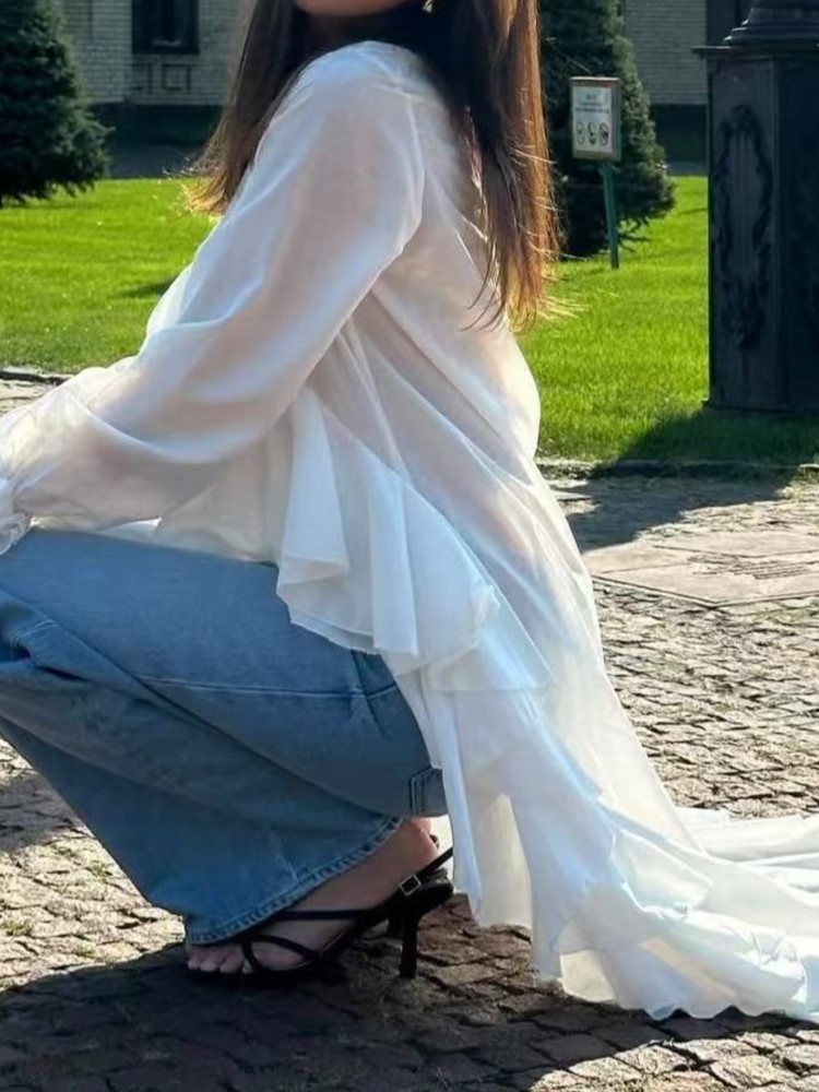 Fashion Ruffles Long Shirt Top - Summer Holiday Clothing Women ulasan dan harga