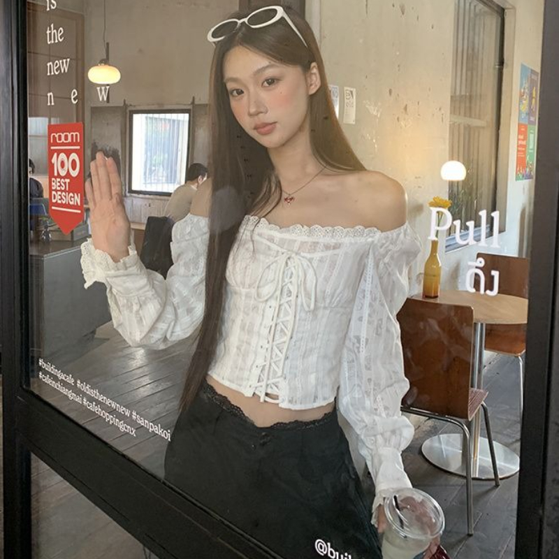 Deeptown White Lace Up Cropped - Summer Clothing Aesthetic ulasan dan harga
